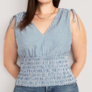 NWT Old Navy Fitted Striped Sleeveless V-Neck Tie-Shoulder Smocked Blouse